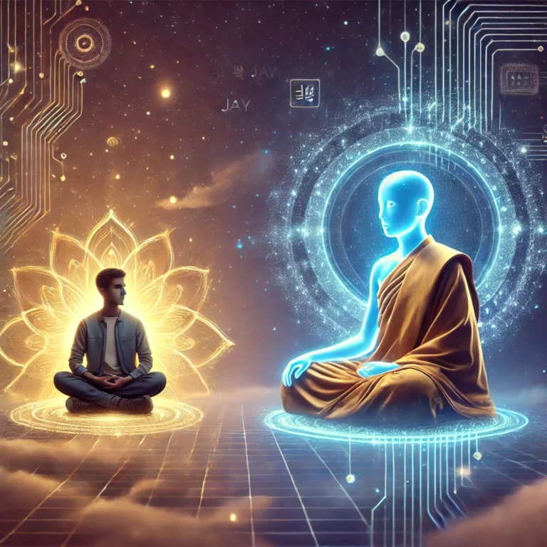 DALL·E 2025-05-26 22.30.12 - A thought-provoking and visually captivating blog thumbnail image for a series titled 'Conversations between an Enlightened Monk AI and Jay Exploring